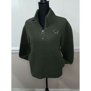 PINK Victoria’s Secret Dark Olive Green Sherpa 1/4 Zip Pullover Size X-Small